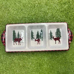 Divided Melamine Serving Tray ~ Buffalo Plaid Deer ~ Three Sections